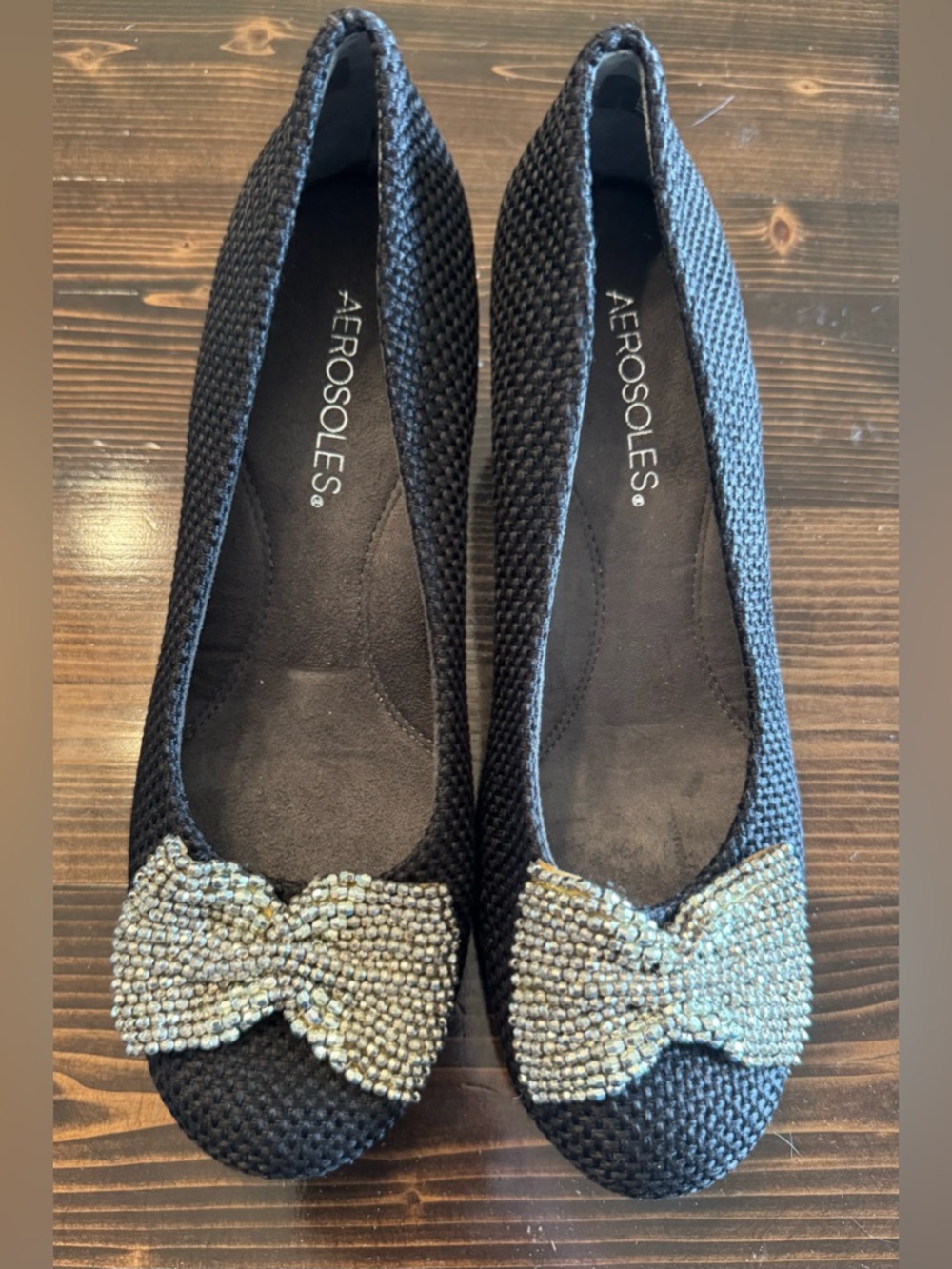 AEROSOLES Sunwise Black Woven Kitten Heels with Crystal Bows Size 8 NWOB - Picture 3 of 6